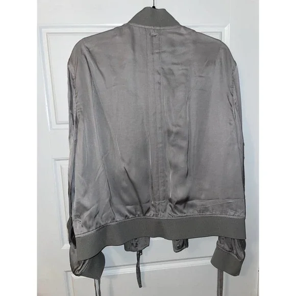 NWT All Saints Ellis ruched-sleeve Bomber Jacket Silver Grey Women Size Large - Picture 2 of 6